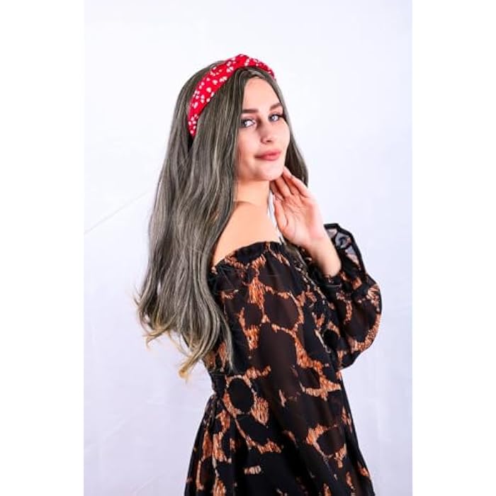 DILLARDS Long Wavy Grey Ombre Synthetic Wig, Heat Resistant, With Red Floral Headband - Image 4